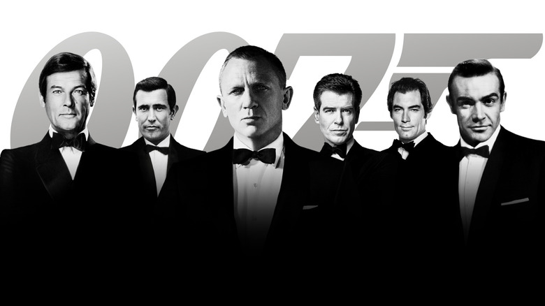 Six James Bond actors in black and white with the 007 logo behind them
