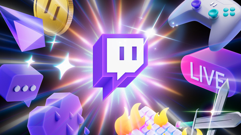 Twitch logo in the center surrounded by gaming and stream chat symbols