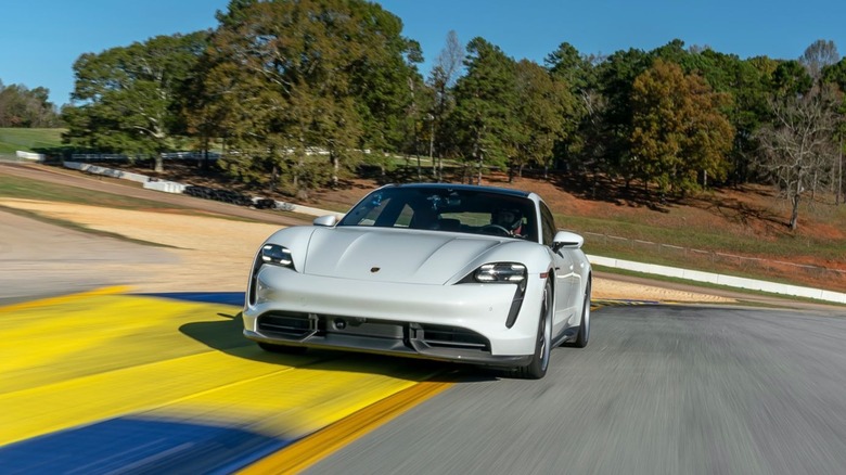 A 2020 Porsche Taycan Turbo S on a race track