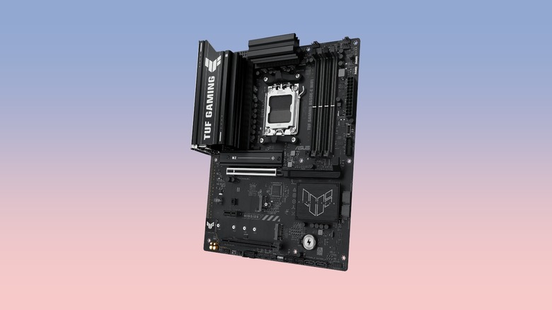 The Asus B650E-E ATX Motherboard against a gradient background