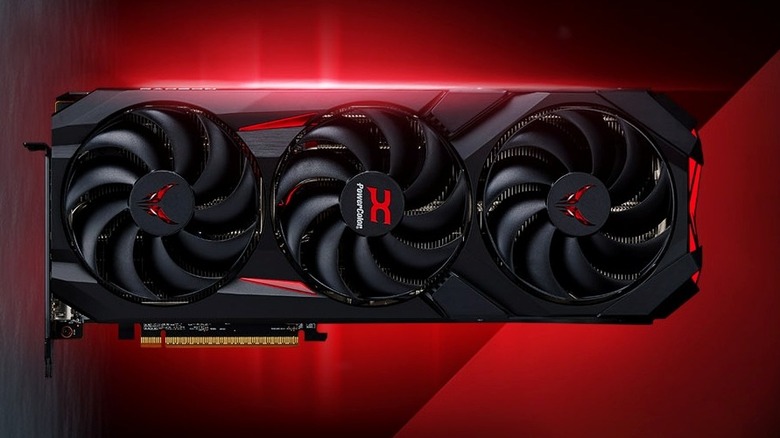PowerColor AMD Radeon RX 9070 GRE Reaper Graphics Card against a red background