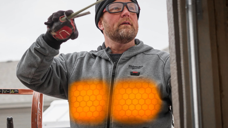 Milwaukee Heated Hoodie in grey out in the real world.