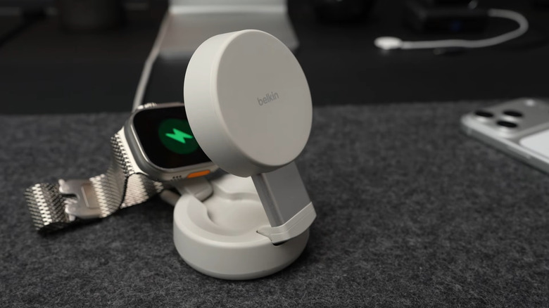 Belkin UltraCharge Pro 2-in-1 Convertible Magnetic Charger in stand mode while charging Apple Watch