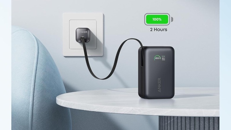 Anker Nano Power Bank plugged into an outlet being charged