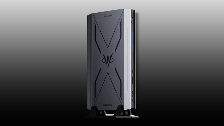 Minisforum Atomman G7 Pro side panel and front panel view on a black-to-white gradient background