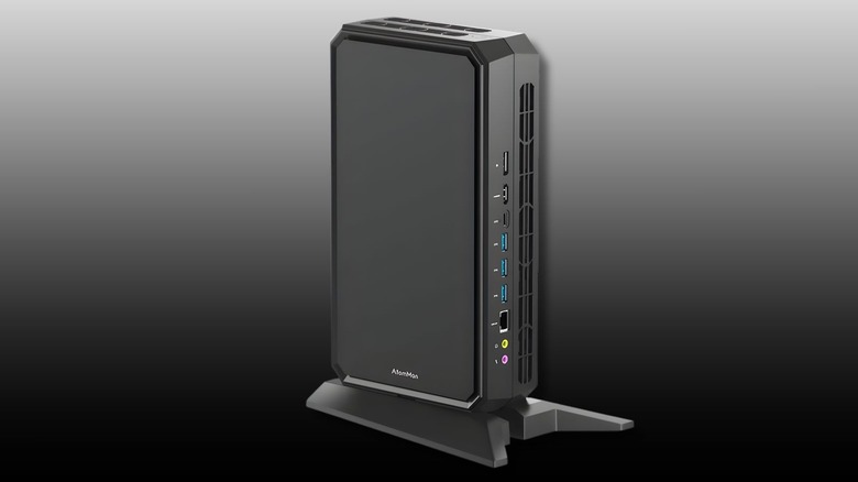 Minisforum AtomMan G7 Pt side and front panel view on a black-to-white gradient background