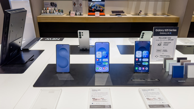 Samsung smartphones on display in a store