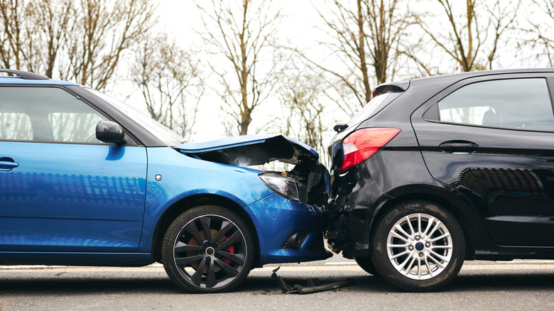 A car that has been rear-ended by another car.