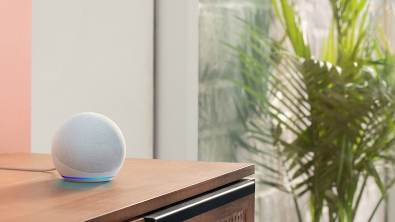 Alex Dot sat on a side table in a well-lit hallway.