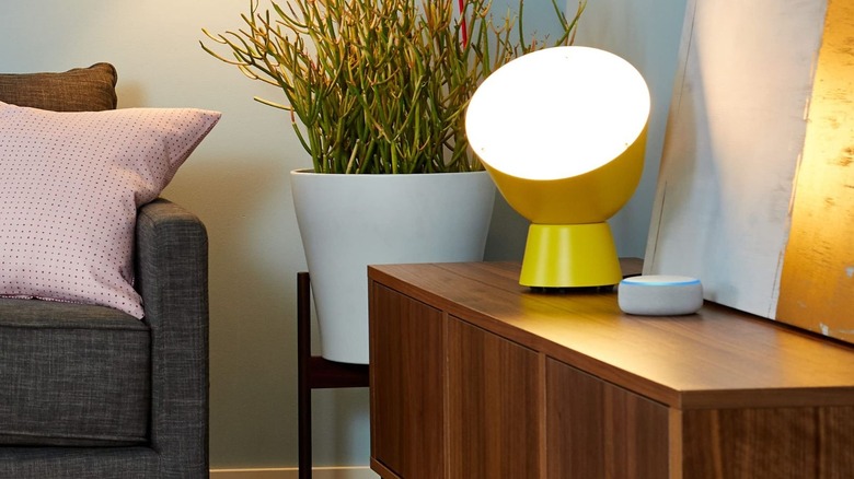 Amazon Alexa smart speaker next to a smart lamp in a modern-looking home.