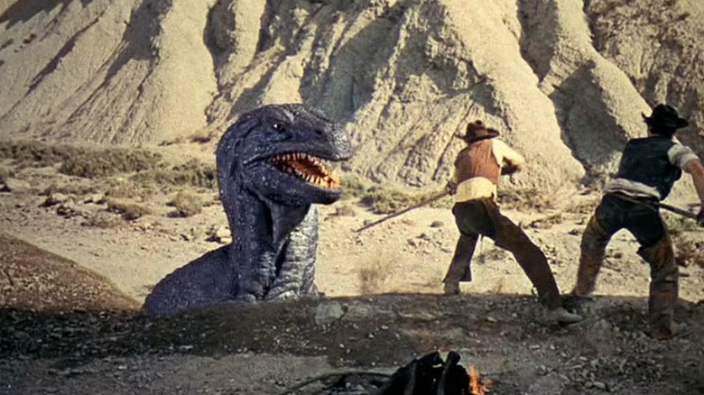 Cowboys capturing a dinosaur in "The Valley of the Gwangi."