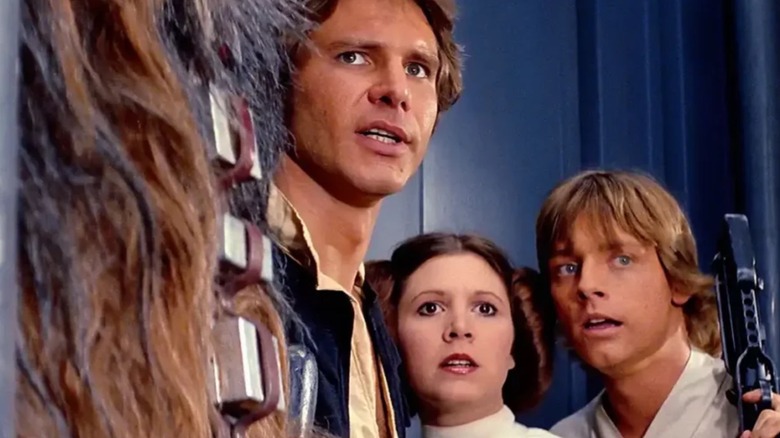 Han Solo, Princess Leia, and Luke Skywalker together in Star Wars