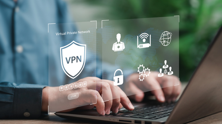 An illustration suggesting a person is using a VPN service on a computer.