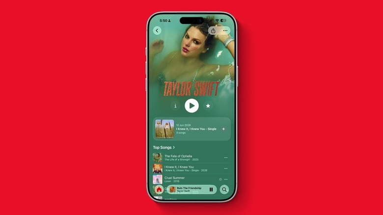 An iPhone mockup with Apple Music's new artist page in iOS 27