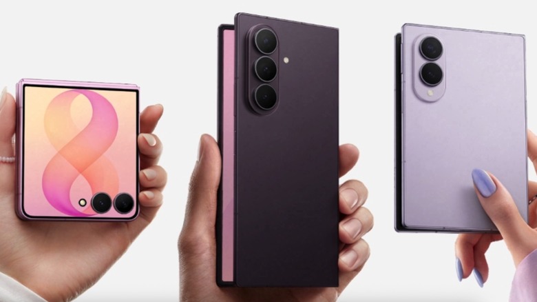 From left to right, the Galaxy Z Flip 8, the Galaxy Z Fold 8 Ultra, and Galaxy Z Fold 8 foldable phones.