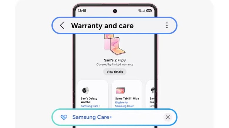 Samsung's warranty and care information screen