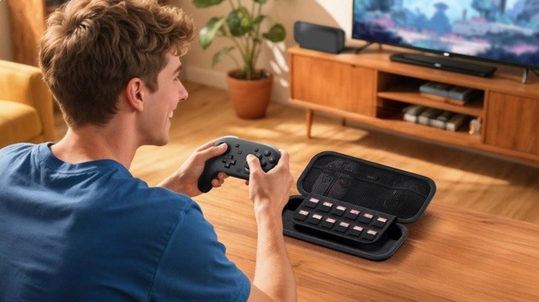 A man playing Nintendo Switch 2 with a Pro Controller. There is an open travel case with game cards on the table in front of him.