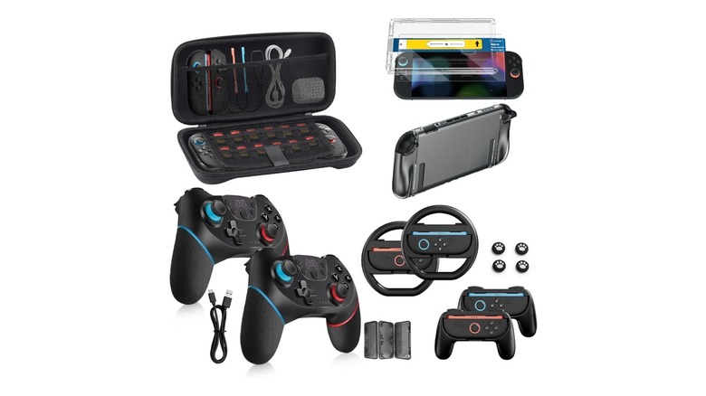 Nintendo Switch 2 accessories on a white background, including a traveling case, screen protectors, console case, steering wheels, Joy-Con grips, and Pro Controllers.
