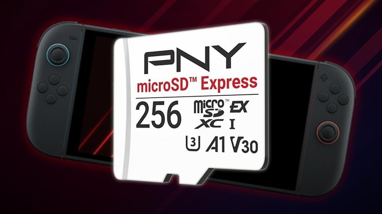 A 256GB PNY microSD Express card superimposed over a Nintendo Switch 2 and a black and red background