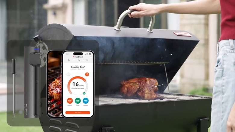 Foodie Meatmeet Pro smart wireless Bluetooth meat thermometer used to check grill.