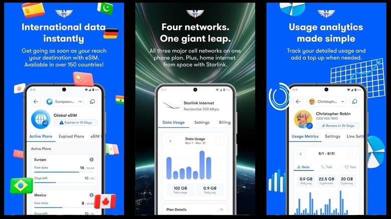 US Mobile app screens showing international eSIM data, Starlink internet usage, and usage analytics.