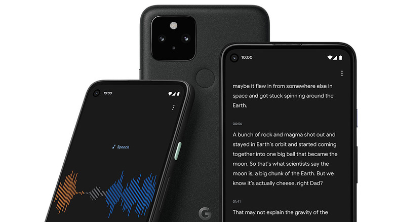 Thee Google Pixel phones showing multiple Google Recorder interface screens on them