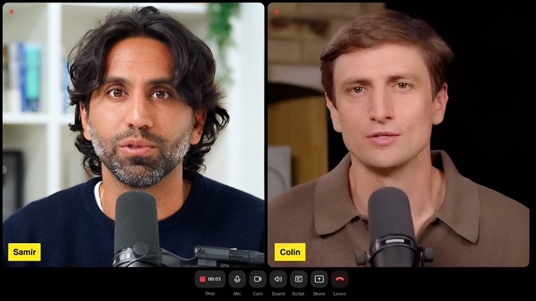 A screenshot of two people on a podcast using the Riverside app