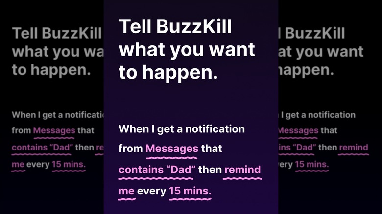 A promotional image from the Google Play Store for BuzzKill Notification Manager, the image says "Tell BuzzKill what you want to happen" and it displays a command