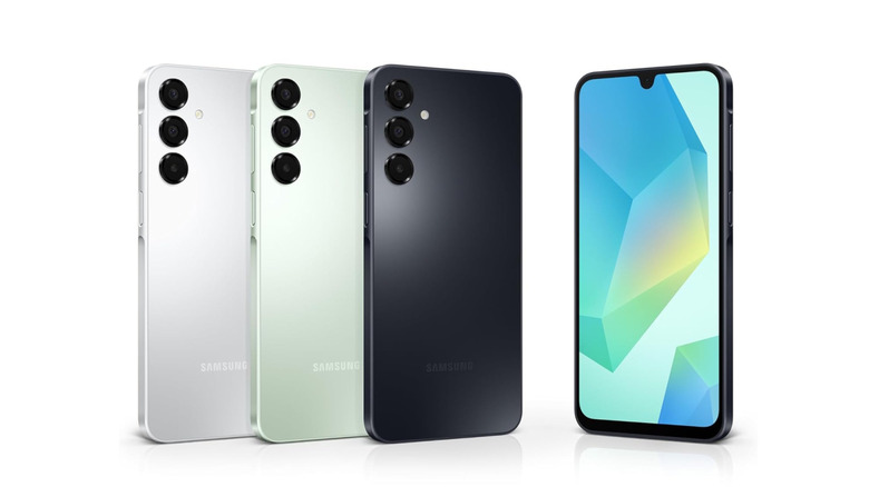 The Samsung Galaxy A16 smartphone, shown in various color options