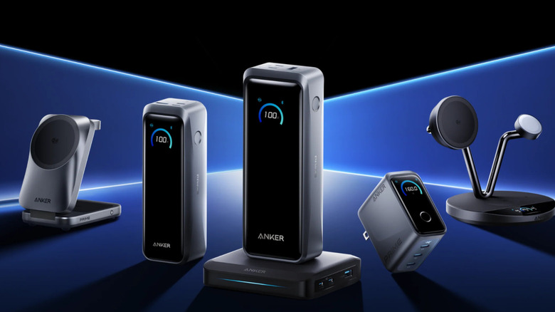Various Anker chargers and power banks on a blue and black background