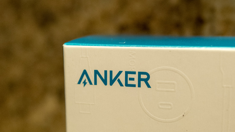 Close-up of Anker logo on a product packaging