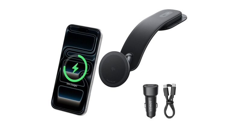 Anker magnetic car charger kit shown with a charging phone, mount, car adapter, and USB-C cable.