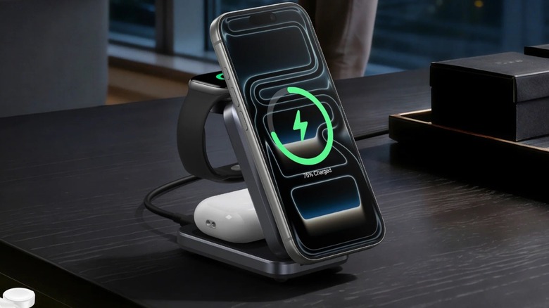 Anker wireless charging station on an office desk with an iPhone attached