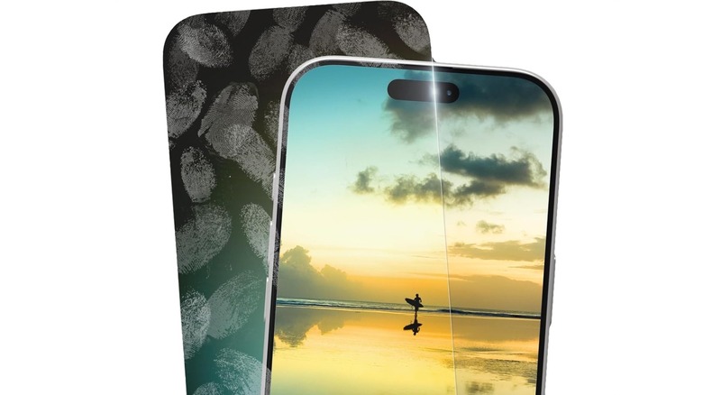 An iPhone mockup with a screen protector half with fingerprints and another half completely clean