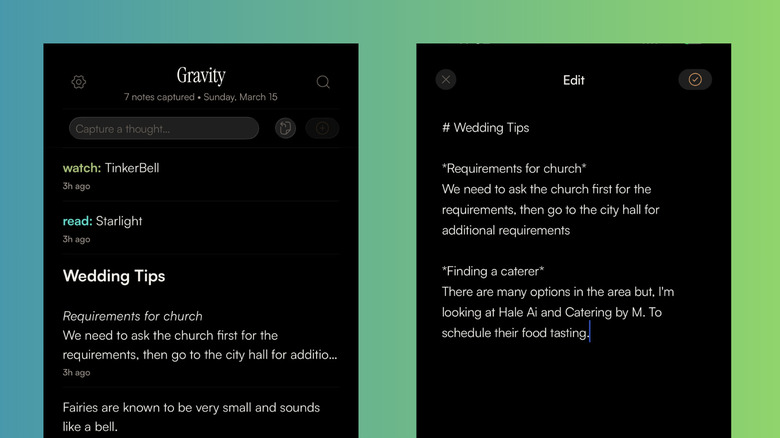 Gravity notes home page and note editor on iPhone