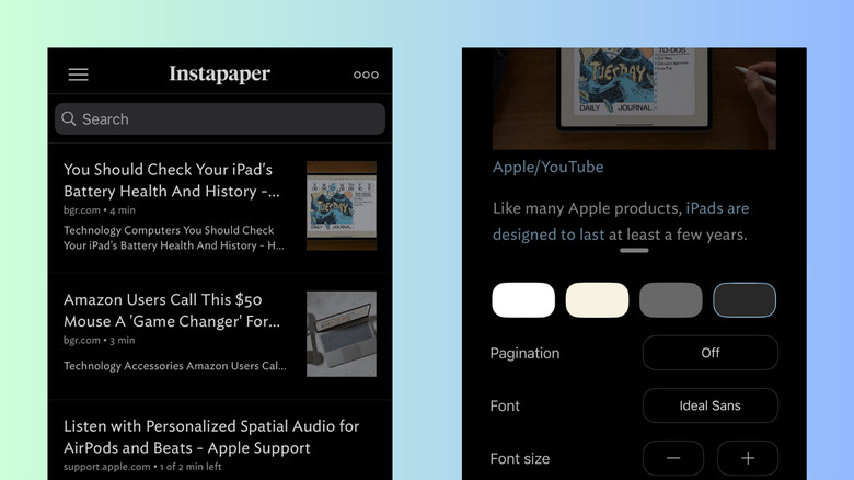 Instapaper home screen and reader interface customization on iPhone