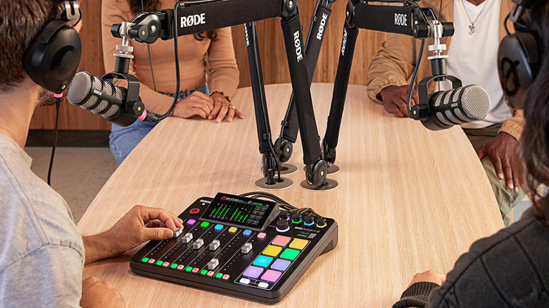 Rodecaster Pro 2 being used to record a four person podcast