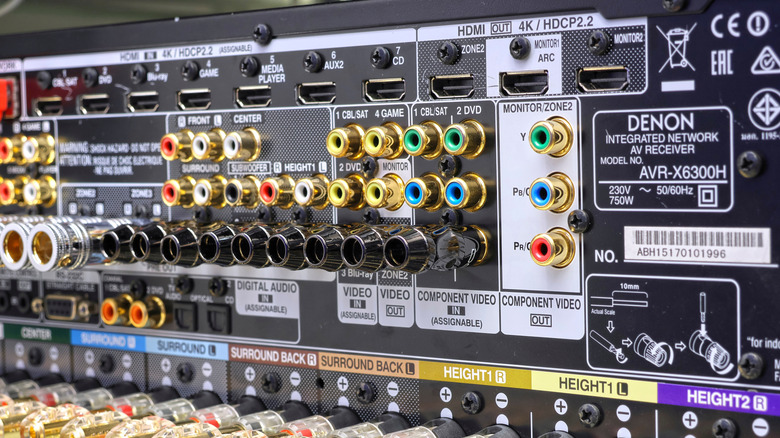 The back of a Denon AVR-X6300H AV receiver.