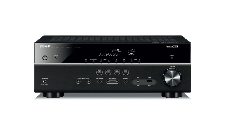 The Yamaha RX-V385 AV receiver against a white background.