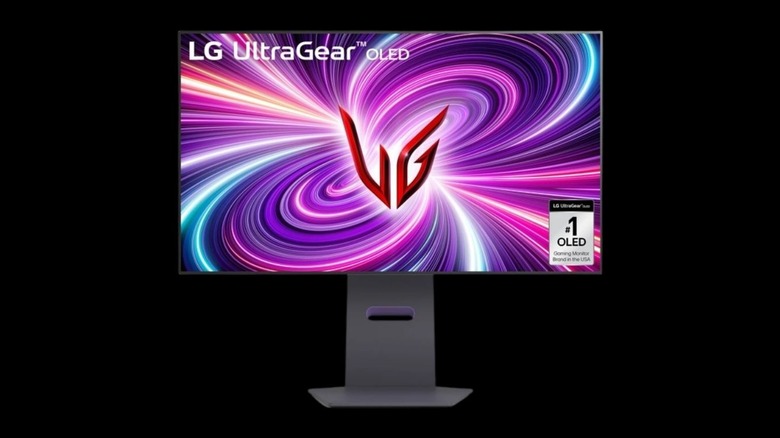 LG UltraGear 32GS95UE-B OLED gaming monitor displaying a purple swirl graphic on a black background.