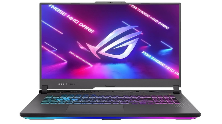 Asus ROG Strix G17 (2023) laptop with an RGB-backlit keyboard displaying the ROG logo.