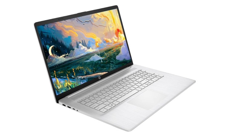 HP 17 Laptop showing colorful landscape artwork on its display.