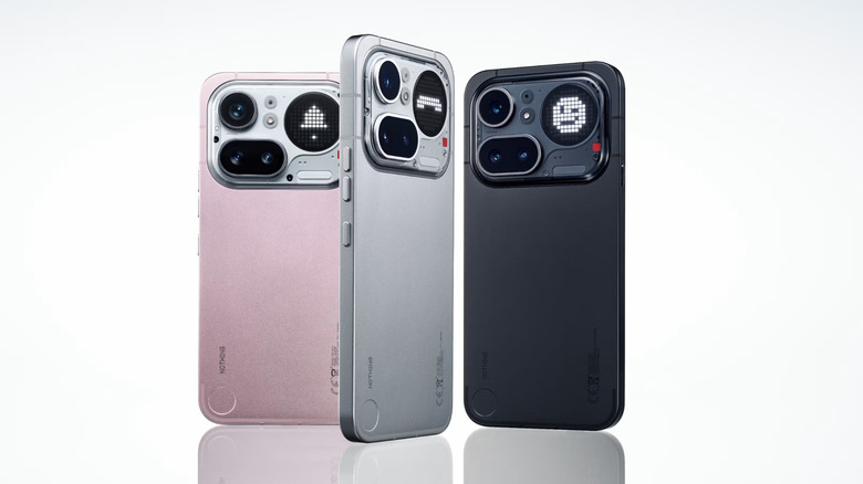 Nothing Phone (4a) Pro shown in three color variants with Glyph Matrix design on the back.
