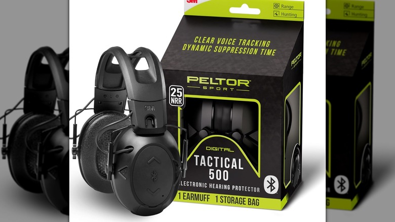 A pair of Peltor Sport Tactical 500 Bluetooth Hearing Protection Ear Muffs and its box.