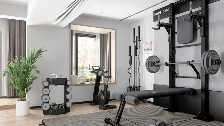 Exercise equipment in a home gym.