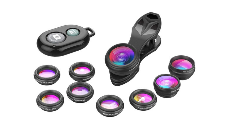 Apexel 10-in-1 Phone Lens Kit alonside a remote shutter device