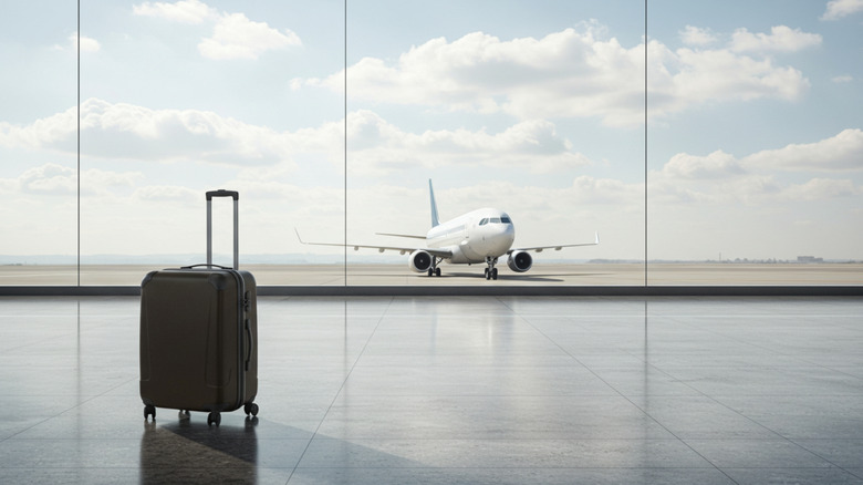 Suitcase in an airport terminal facing a plane on the runway, seen through large windows.
