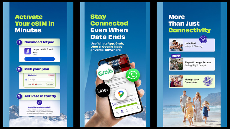 Jetpac eSIM app screens showing activation steps, app usage, and included travel benefits.