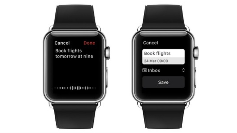 Todoist running on two Apple Watches side by side on a white background with a black border.