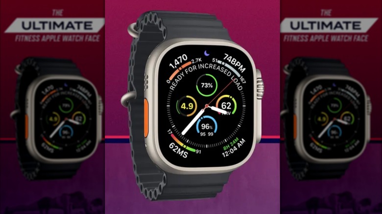 A screenshot from the Apple App Store showcasing the Athlytic watch face on the Apple Watch, the face is showing several health and fitness metrics